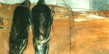 Dipinto raffigurante i due discepoli di Emmaus in cammino con Gesù, immersi in un paesaggio dai toni caldi e avvolgenti.