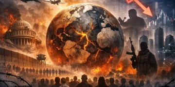 Illustrazione del globo terrestre fratturato tra fiamme, simbolo della crisi dell’ordine mondiale, del populismo e della stagione dell’incertezza politica