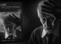 Copertina in bianco e nero ispirata a Poesie ultime e ritrovate, con ritratto intenso di un anziano poeta in primo piano e atmosfera raccolta.
