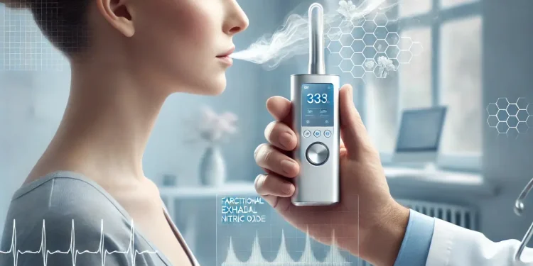 Persona che esegue il test FeNO con dispositivo per misurare l’ossido nitrico esalato