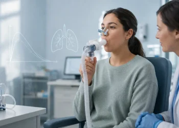 Persona che esegue spirometria durante test alla metacolina in laboratorio di fisiopatologia respiratoria