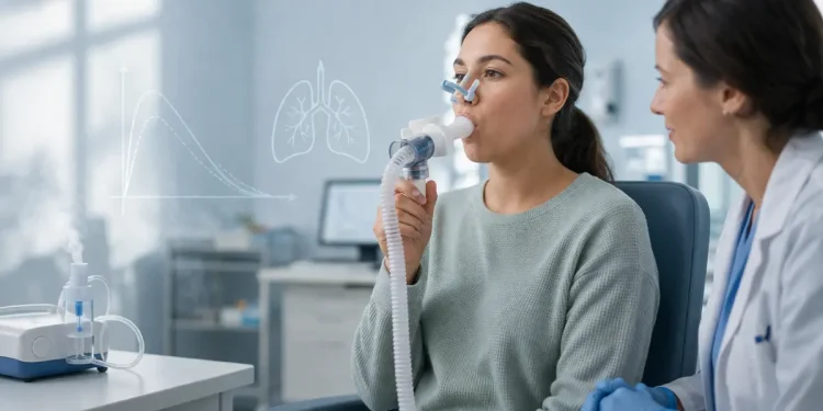 Persona che esegue spirometria durante test alla metacolina in laboratorio di fisiopatologia respiratoria
