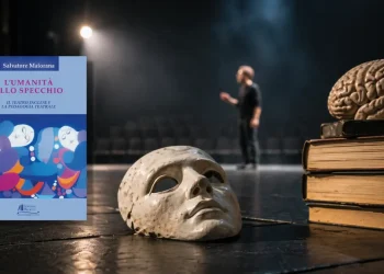 Copertina del libro “L’umanità allo specchio” di Salvatore Maiorana con illustrazione stilizzata di volti e figure teatrali
