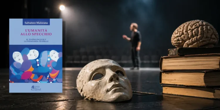 Copertina del libro “L’umanità allo specchio” di Salvatore Maiorana con illustrazione stilizzata di volti e figure teatrali