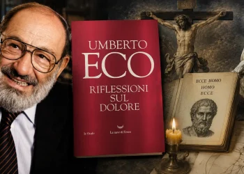 Umberto Eco e la copertina del libro “Riflessioni sul dolore” in una composizione dedicata al rapporto tra filosofia, sofferenza e arte.