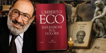 Umberto Eco e la copertina del libro “Riflessioni sul dolore” in una composizione dedicata al rapporto tra filosofia, sofferenza e arte.