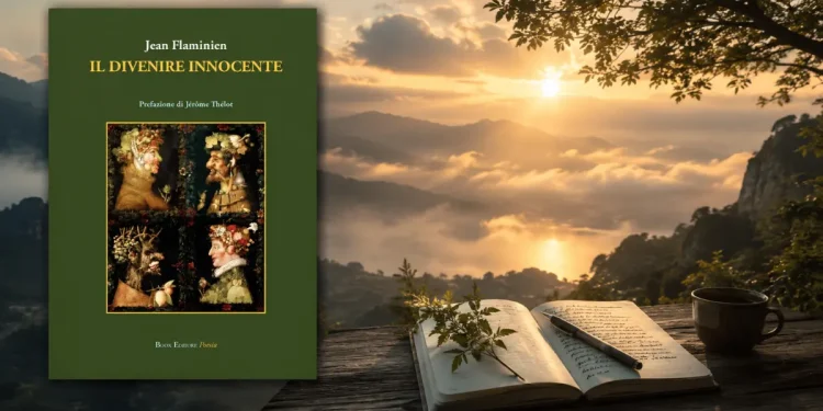 Copertina del libro "Il divenire innocente" di Jean Flaminien inserita in un paesaggio naturale al tramonto, immagine che richiama i temi della poesia, della natura e della ricerca dell'eterno.