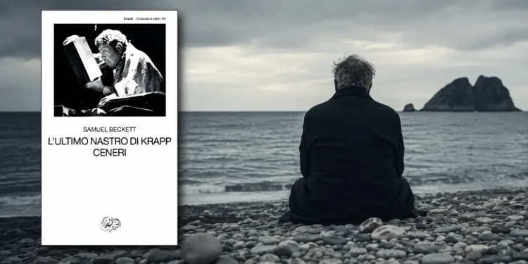 Uomo seduto su una spiaggia davanti al mare con la copertina di L’ultimo nastro di Krapp - Ceneri di Samuel Beckett.