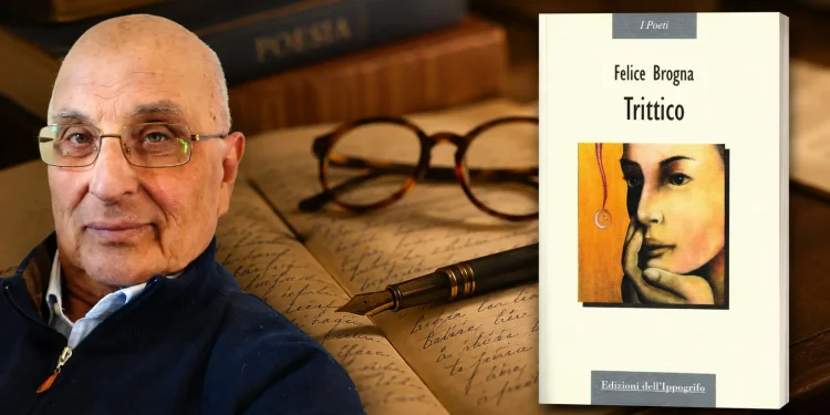 Ritratto del poeta Felice Brogna accanto alla copertina del libro Trittico, raccolta poetica dedicata ai temi dell'anima, del tempo e della memoria.