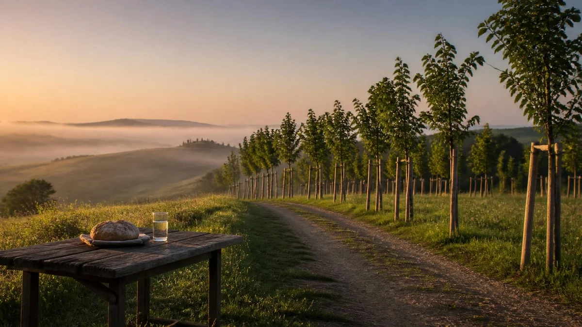 Viale di tigli giovani al tramonto lungo un sentiero di campagna, con una tavola di legno in primo piano.