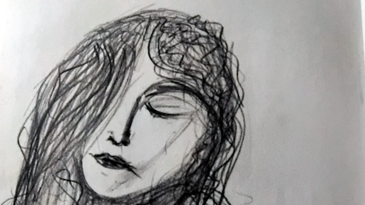 Disegno di Salvatore Maiorana: volto femminile dagli occhi chiusi, avvolto da capelli segnati con tratto scuro