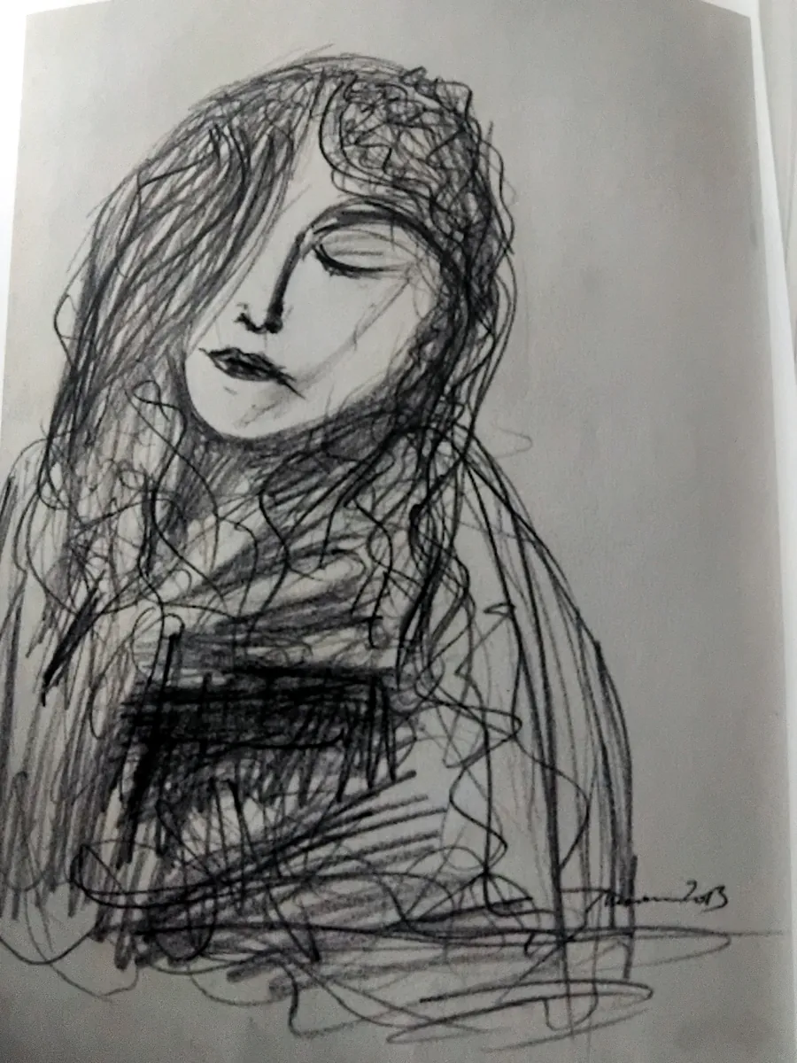 Salvatore Maiorana, Volto, disegno su carta: figura femminile dagli occhi chiusi, con lunghi capelli e lo sguardo assorto