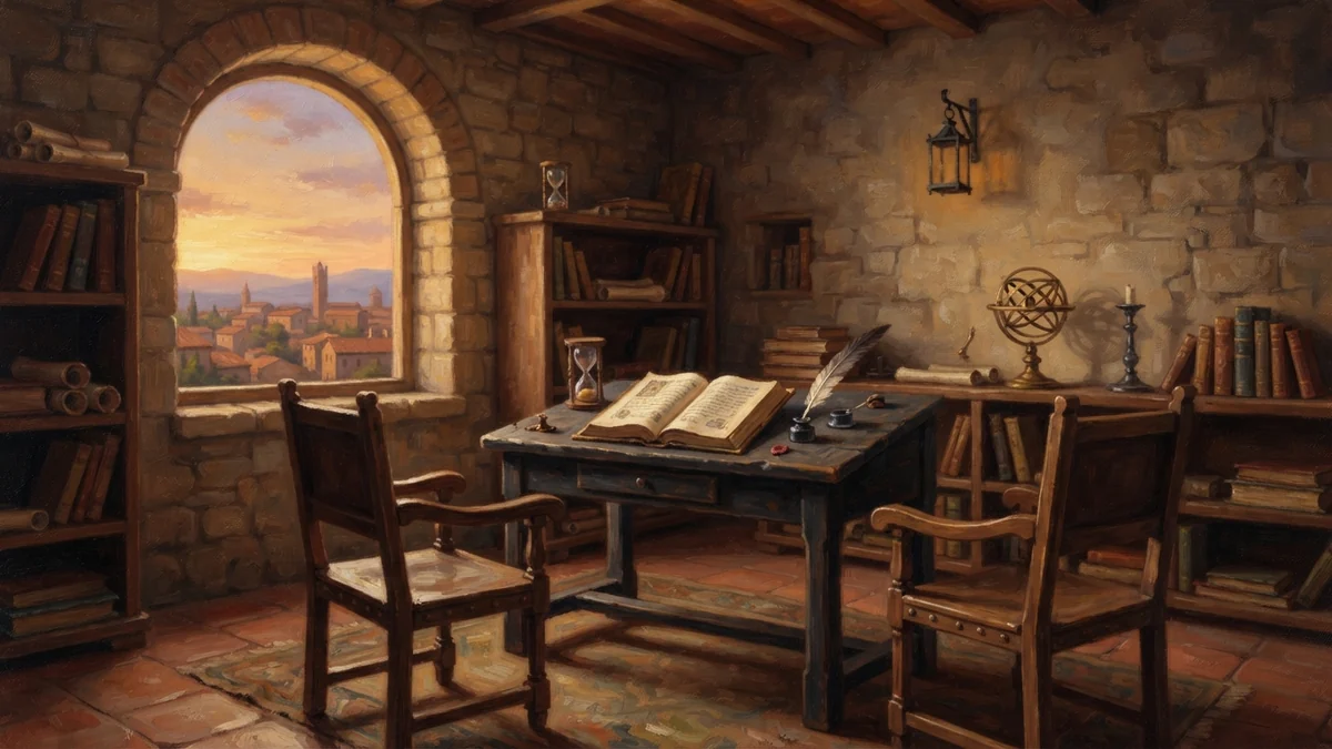 Studio medievale al tramonto: uno scrittoio con un manoscritto aperto, una penna d’oca e una clessidra, tra due sedie vuote una di fronte all’altra, con una finestra ad arco sui tetti di una città al tramonto.